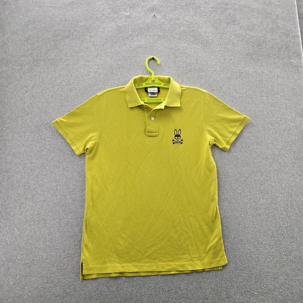 Psycho Bunny Men Polo 4 Yellow Embroidered Skull Casual Button Logo Short